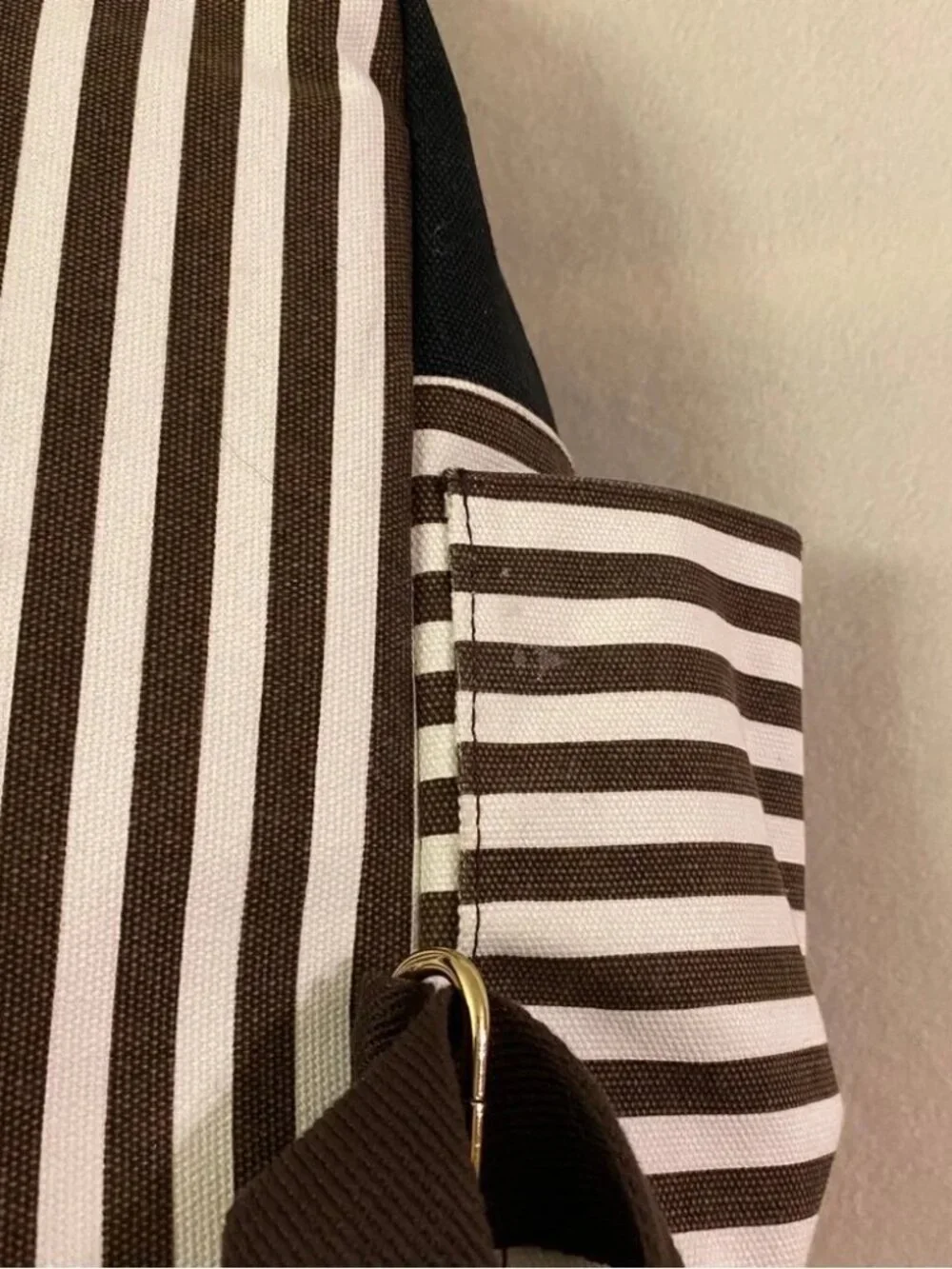 Henri Bendel black white brown striped canvas backpack large